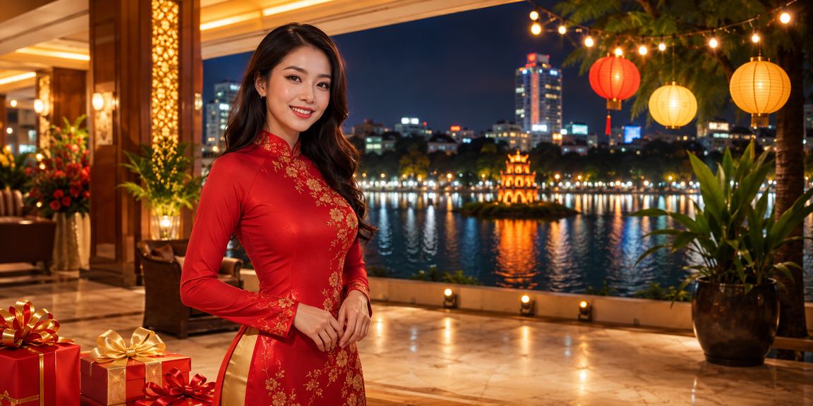 Phụ nữ mặc áo dài truyền thống Hà Nội tại sự kiện khuyến mãi đặc biệt